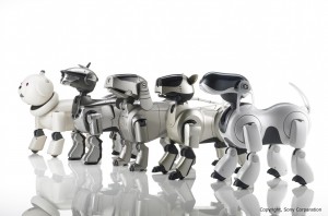 AIBO Series. ERS-311, ERS-220, ERS-110, ERS-210．ERS-7 (from left)